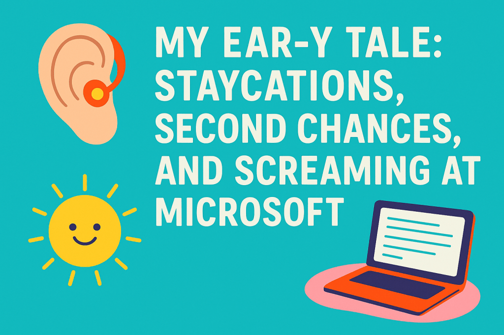The image shows white text on a blue background that reads the same as the blog title. The text is surrounded by cartoon drawings of an ear, a smining sunshine face and a laptop.